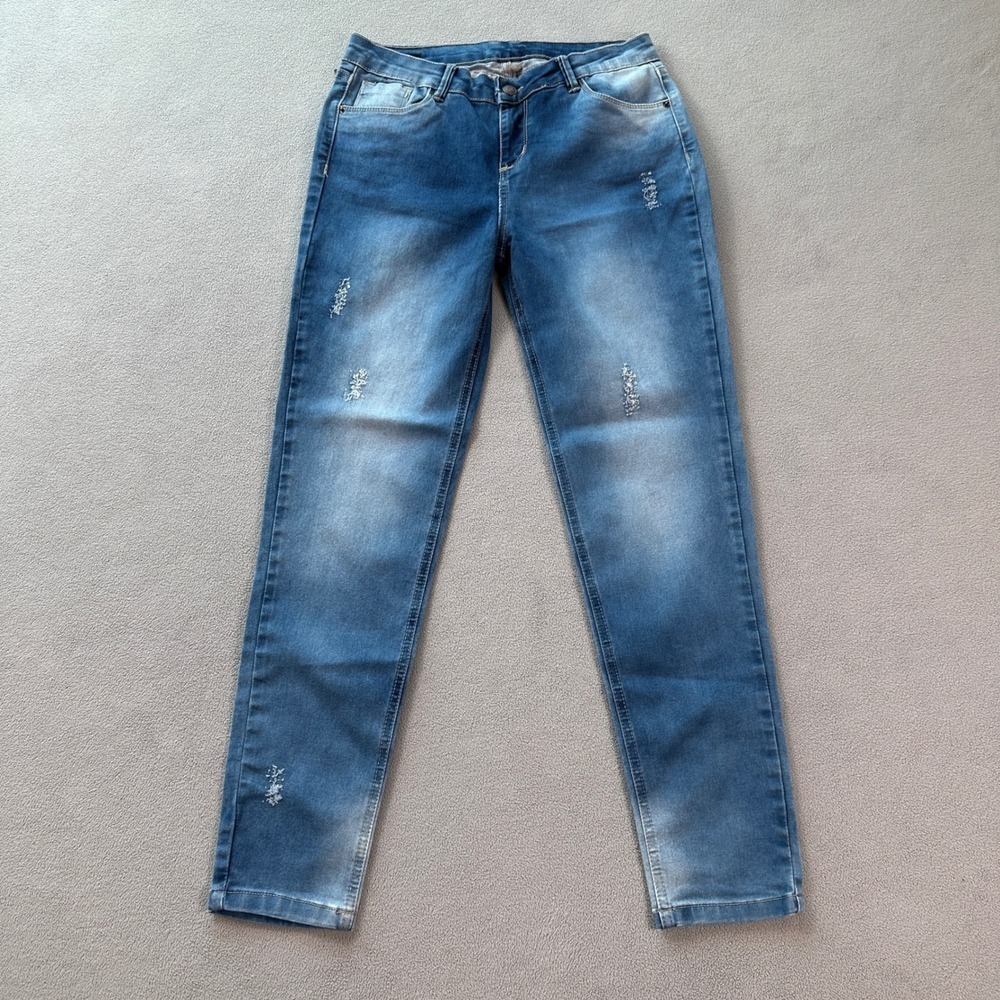 Exirys Women Medium Wash Distressed Slim Jeans Size 10 Gingham Lining